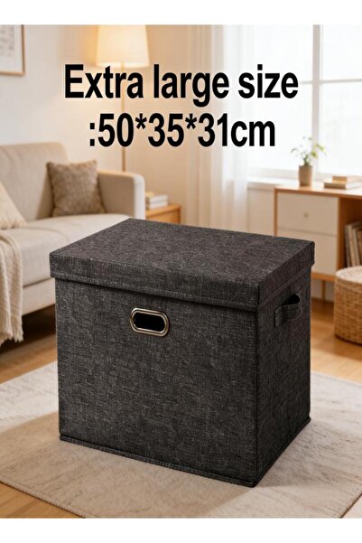 Generic Black cotton and linen fabric storage box foldable with a lid home cl...