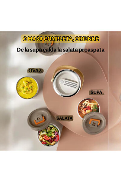 2AMNOVA Termos Alimentar Inox 304, 3.4L, Cu 4 Caserole, Izolatie Termica, Capac Etans, Crem