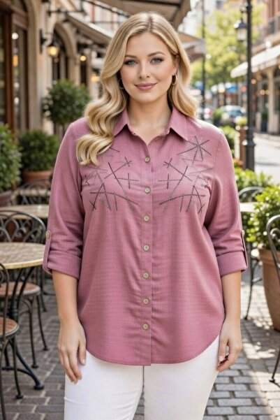 tarzımsüper Γυναικείο λινό πουκάμισο με στάμπα πέτρας Premium σε μεγάλο μέγεθ...