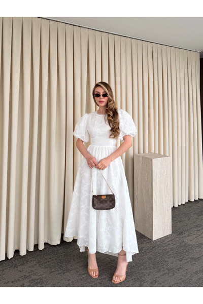 Laluvia White 100% Cotton Open Back Eyelet Embroidery Dress - 8235