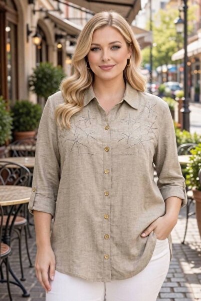 tarzımsüper Cămașă de damă din in, cu imprimeu premium cu pietre, mărime mare...