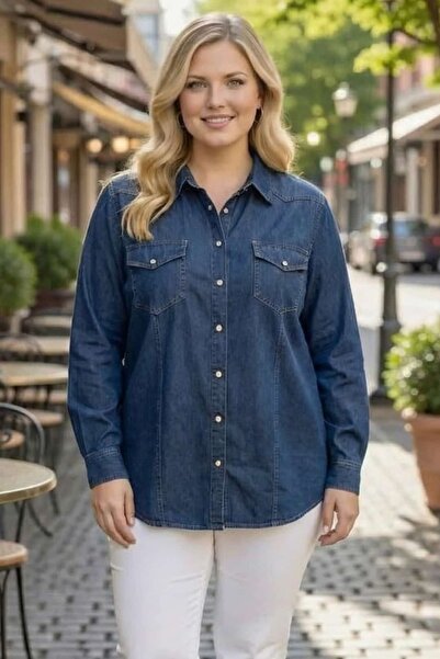 tarzımsüper قميص جينز نسائي مقاس كبير باللون الأزرق، قميص دنيم مريح كبير الحج...