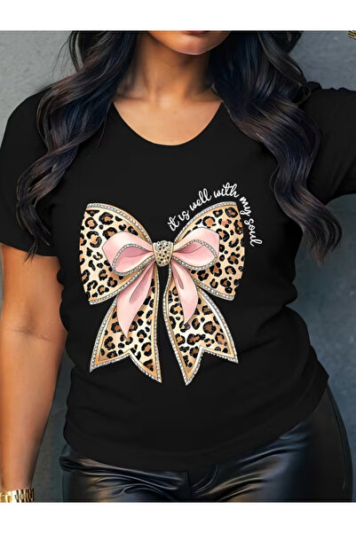 LİNA06 A Leopard Print Bow Paired with a Pink Satin Ribbon Perfect Short-Slee...