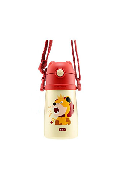 Beddybear Termos pentru copii cu mâner și pai, Leu, 320 ml, Roșu