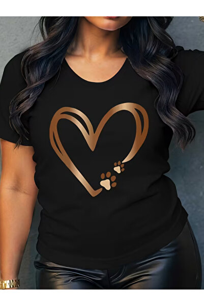 LİNA06 A Short-Sleeve T-Shirt Featuring a BrownCombined with Pet Paw Print El...