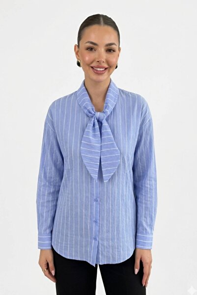 Cockatoo Elegant Scarf Collar Striped Shirt New Season 4732