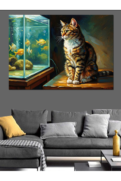 Artmeg Curious Cat Watching the Aquarium Painting Decorative Canvas - Mdf Woo...