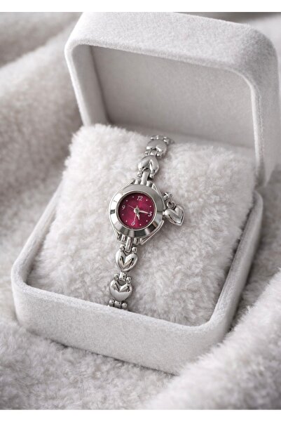 Spectrum Zarif Kalp Detaylı Kadın Kol Saati Şık Gümüş Kordon&Bordo Kadran