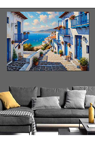 Artmeg Yunan Adaları Mavi Beyaz Sokak Dekoratif Kanvas - Mdf Ahşap Tablo