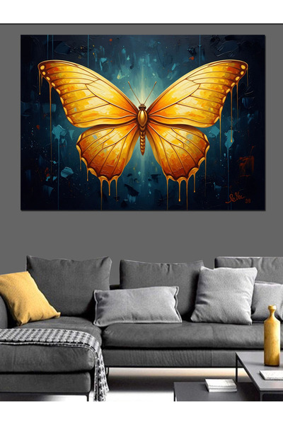 Artmeg Pictură decorativă pe pânză cu fluture mare cu aripi aurii - Tablou di...