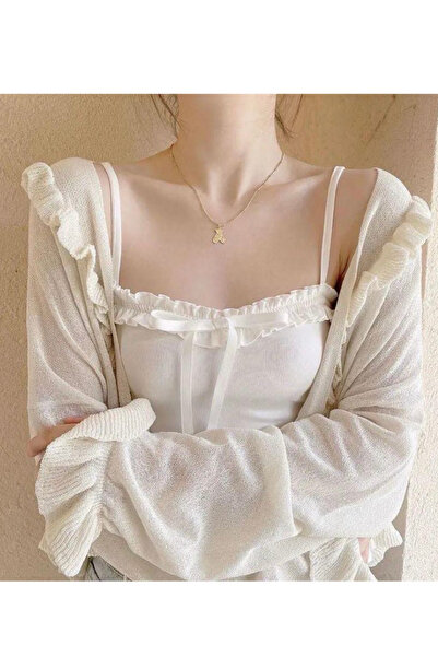 Köstebek White Ruffled Bow Detailed Strap Blouse