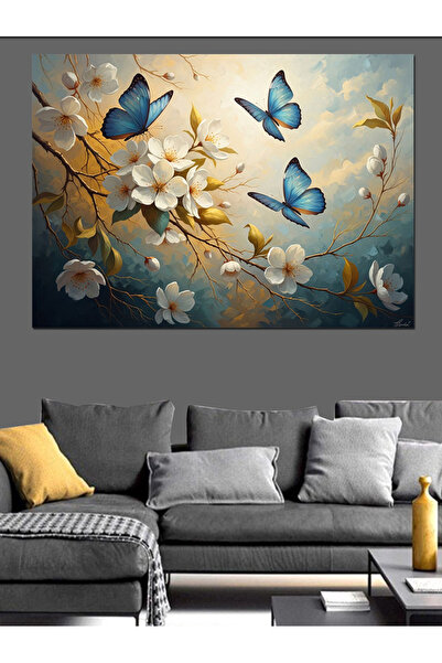 Artmeg Beyaz Çiçekler Ve Mavi Kelebekler Dekoratif Kanvas - Mdf Ahşap Tablo