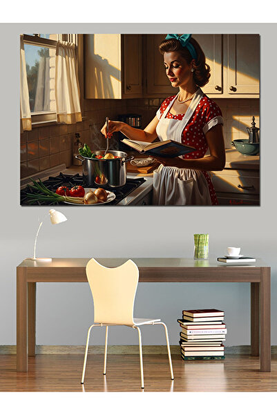 Artmeg Femeie retro gătită în bucătărie, tablou decorativ din pânză - pictură...