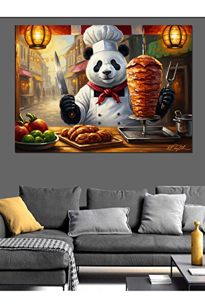 Artmeg Chef Panda Preparing Doner Kebab Decorative Canvas - Mdf Wooden Table