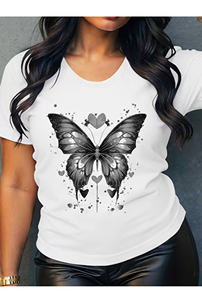LİNA06 Butterfly Heart Print T-Shirt - Transformation and Lightness, Simple a...