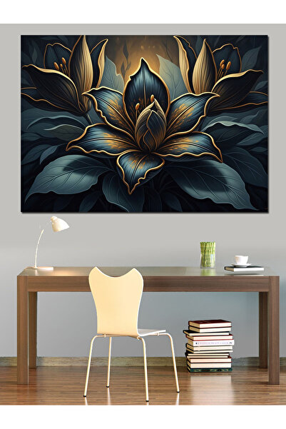 Artmeg Pânză decorativă cu floare de lotus neagră brodată cu aur - Tablou din...
