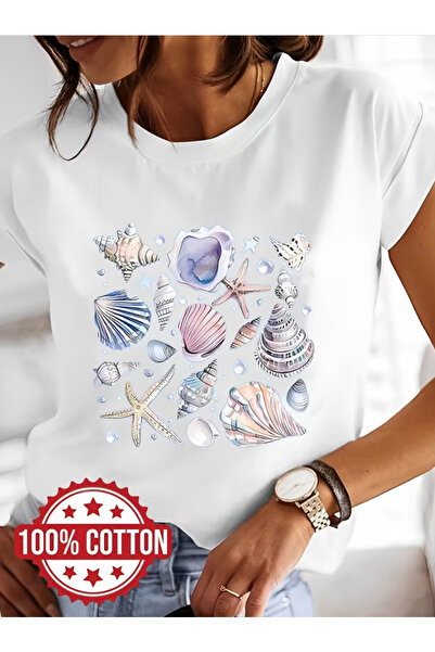 LİNA06 Shells and Starfish 100% Graphic Print T-shirt, Short Sleeve Round Nec...