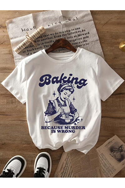 LİNA06 Fun Baking Graphic Print T-shirt, Short Sleeve Crew Neck Casual Top