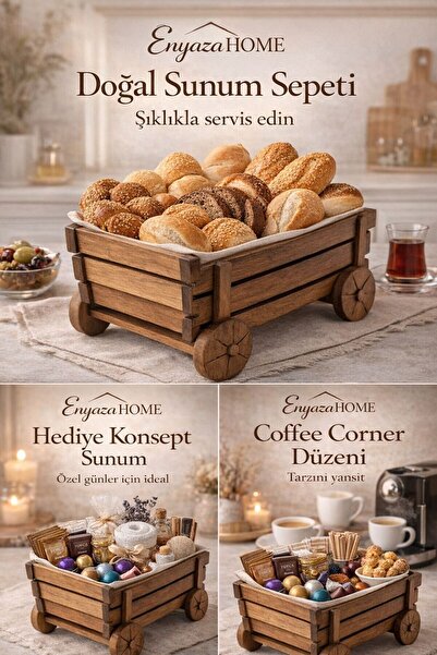 ENYAZA(2024) Ahşap Tekerlekli Sunum Sepeti 40 Uçurma Sepeti Dekoratif Banyo S...