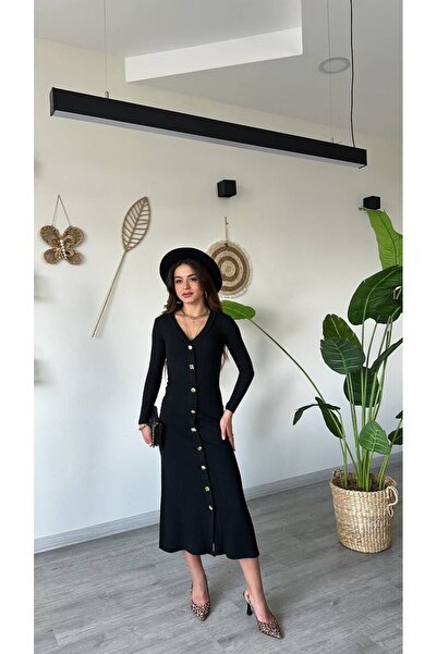 modadagiyim Black V-Neck Buttoned Front Knitwear Seasonal Lycra Comfortable D...