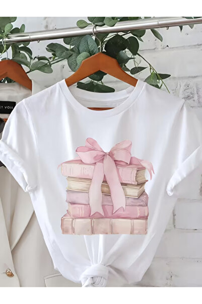 LİNA06 Flirty Books Pile with Bow Graphic Print T-shirt, Short Sleeve Crew Ne...