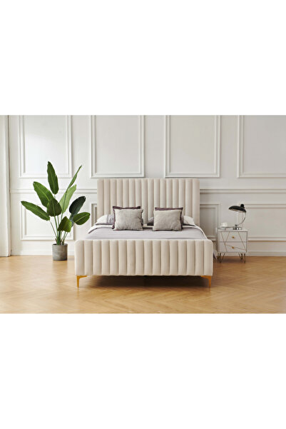 MarketMob Pat Melissa 160x200 cm tapițat cu catifea bej, cu somieră cu șipci ...