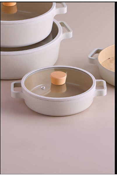 NEOFLAM Mutfak Fika Cam Kapaklı Seramik Kaplama Sahan 20 CM - Bej