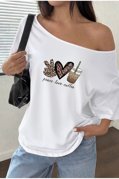 FUFLUNS تي شيرت نسائي ذو ياقة كاياك مطبوع عليه PEACE LOVE COFFEE