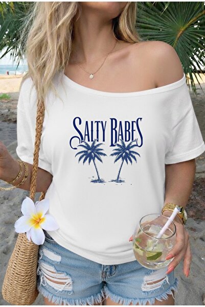 FUFLUNS Salty Babes Printed Oversized Women's Boat Neck T-Shirt