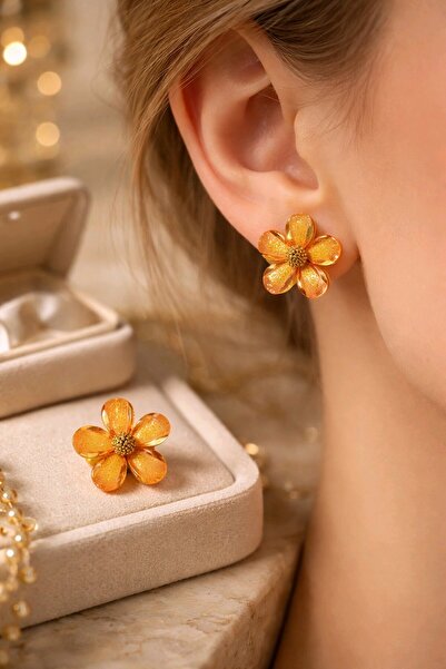 mosmoda Gold Sarı 2cm Şeffaf Çiçek Küpe İthal