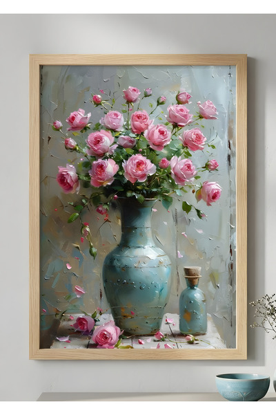DEKORASOR Antik Vazoda Pembe Güller Temalı Çerçeveli Tablo - %100 Doğal Çam A...