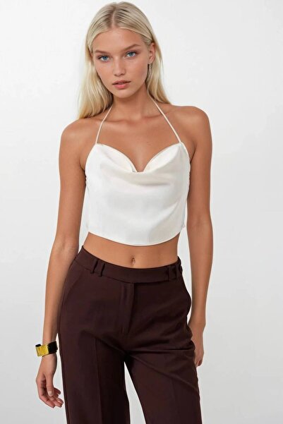 DARK WOMAN Women's White Satin Crop Blouse with Open Back, Stylish Thin Strap...