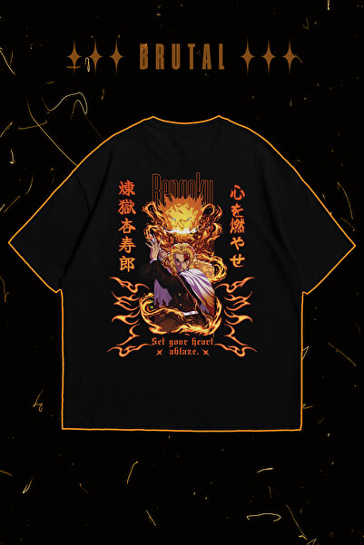 Brutal Dept. Demon Slayer Rengoku Tişört Siyah Oversize Anime Baskılı Unisex