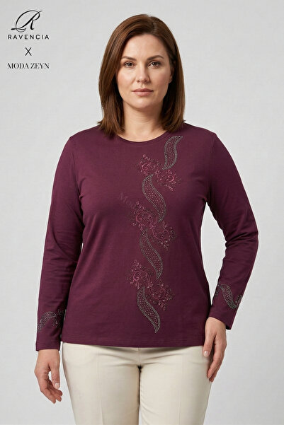 Ravencia Bluză de damă din bumbac pieptănat, cu model frunze în spirală, gule...