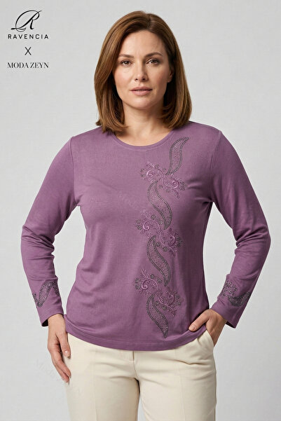 Ravencia Bluză de damă din bumbac pieptănat, cu model frunze în spirală, gule...