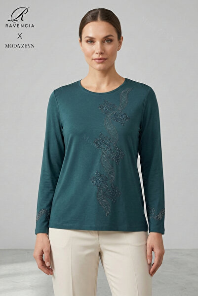 Ravencia Women's Spiral Leaf Patterned Collar and Skirt Stoned Embroidered Sl...