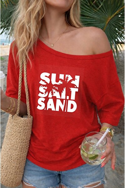 FUFLUNS Sun Salt Sand Printed Oversized Women's Boat Neck T-Shirt