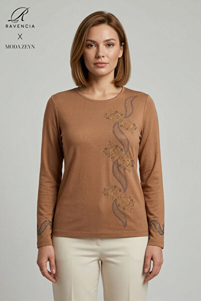 Ravencia Bluză de damă din bumbac pieptănat, cu model frunze în spirală, gule...