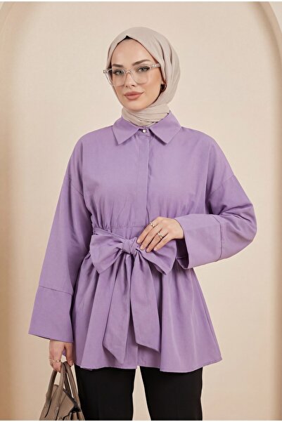 Modamorfo Tunica din poplin cu corset în talie și curea ascunsă - liliac
