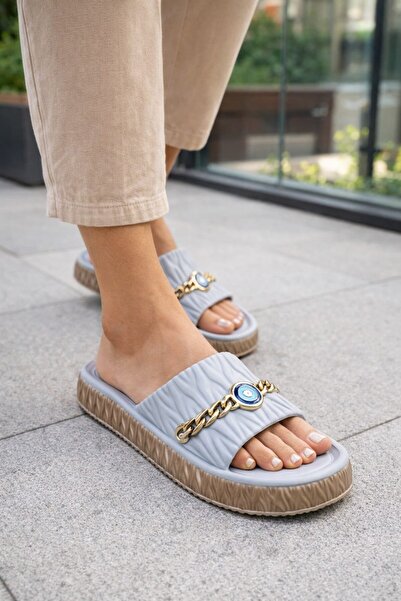 Slipcat Nazar Chain Detail Platform Thick Sole Gold Chain Daily Women's Shoes...