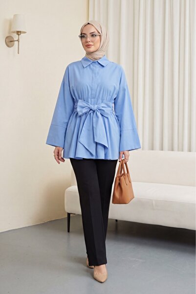 Modamorfo Tunica din poplin cu corset în talie și curea ascunsă - albastru