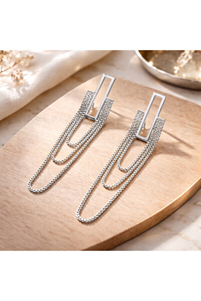 Vipfoni Chain Rectangular Design 3 Rows Chain Dangle Steel Stud Earrings