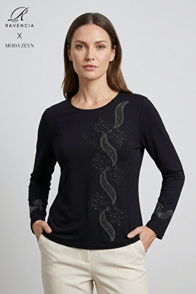 Ravencia Bluză de damă din bumbac pieptănat, cu model frunze în spirală, gule...