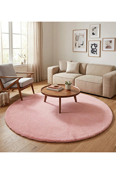 Carpet Dekor İthal Peluş Yumuşak Dekoratif Halı Yuvarlak Pembe