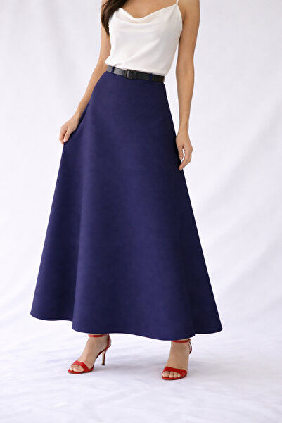 YAXİ Belt-Detail Maxi Length Loose Navy Blue Woven Skirt