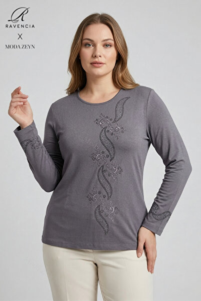 Ravencia Bluză de damă din bumbac pieptănat, cu model frunze în spirală, gule...