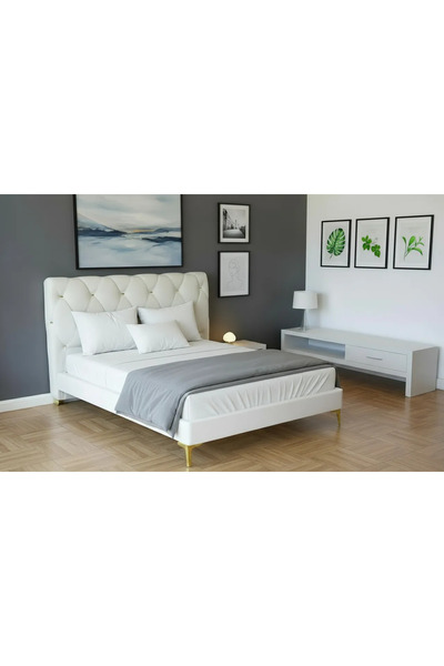 MarketMob Pat Myra 160x190 cm tapițat cu catifea, culoare crem, cu somieră in...