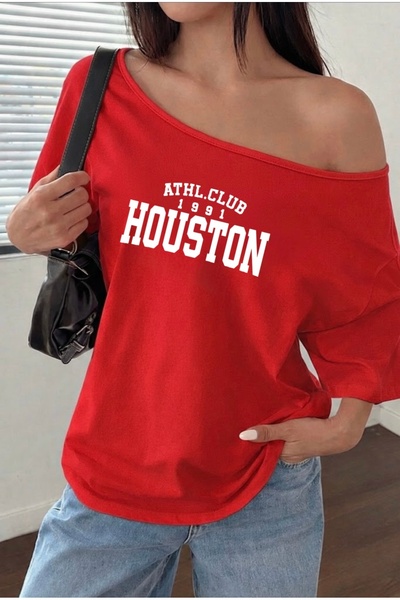 FUFLUNS Γυναικείο μπλουζάκι με στάμπα HOUSTON, oversized, με λαιμόκοψη bateau