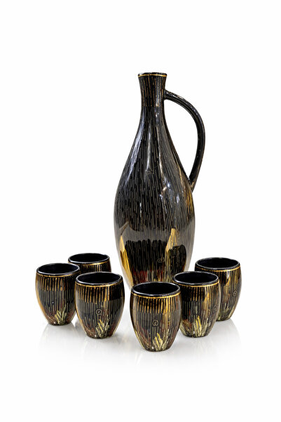 EVVEL ZAMAN ANTİK Siyah Gold Detaylı Sürahi ve 6’lı Bardak Seti – Şık & Moder...