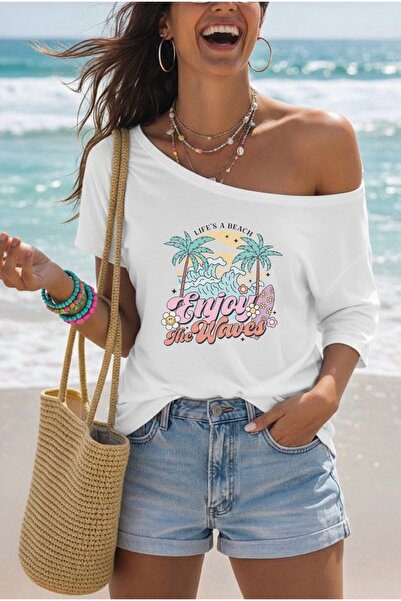 FUFLUNS Enjoy the Waves Printed Oversized Women's Boat Neck T-Shirt